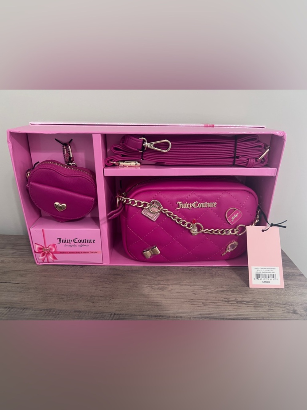 NEW Juicy Couture Puffy Quilted Camera Crossbody Bag Set Raspberry Tart
